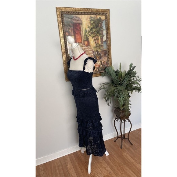 Women's CITY STUDIO 3 Tiers 5 Blue Lace Tea Length Stretch Cocktail Party Dress - Picture 7 of 12